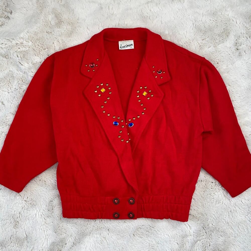 Evergreen Vintage Red Retro 1980s Wool Jewel Rhinestone Gold Sweater Size M